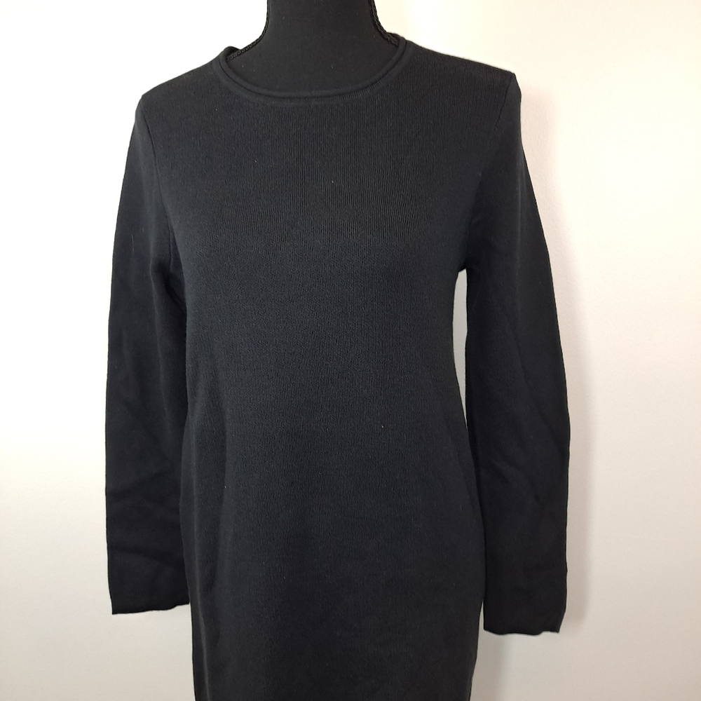 Lands End Cotton Blend Solid Black Long Sleeve Crewneck Sweater Dress - Picture 2 of 6